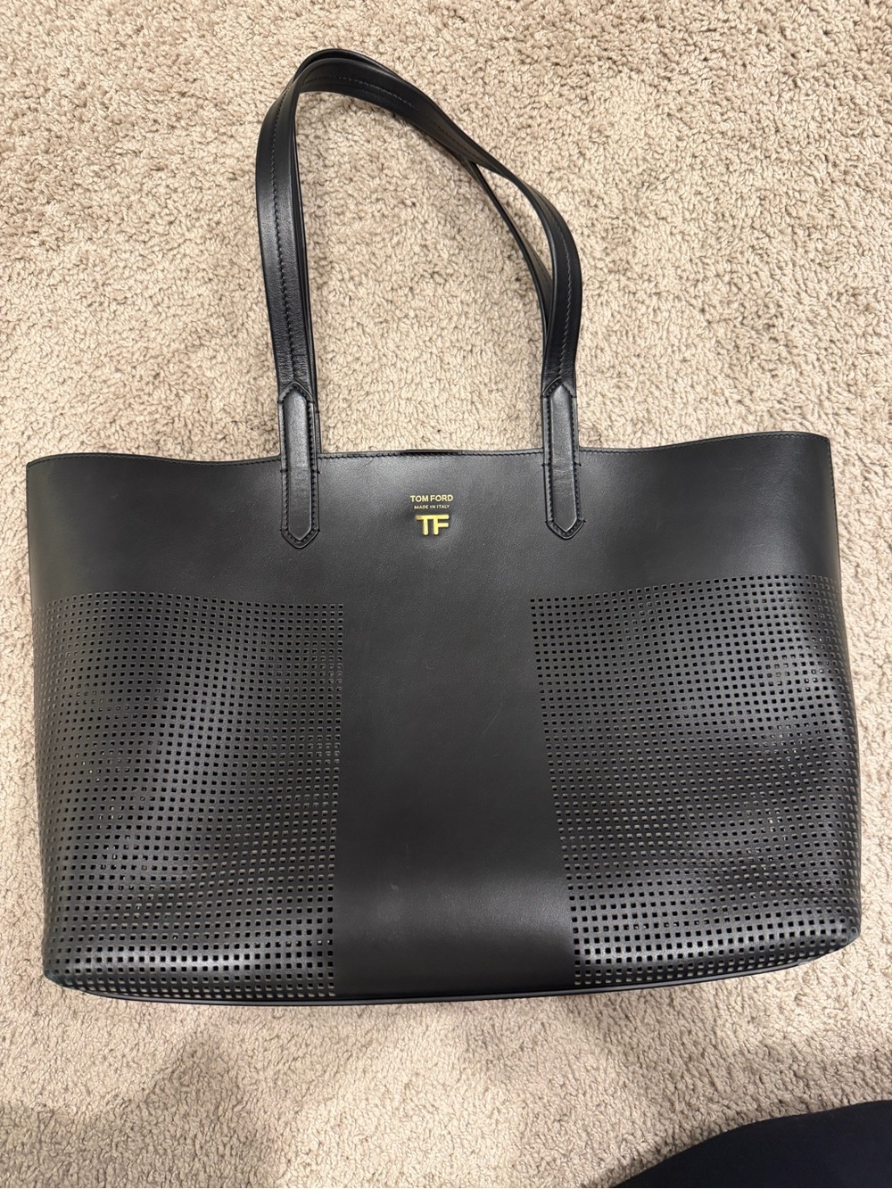 Tom Ford Black Perforated Leather Shoulder Tote with Gold TF Logo
